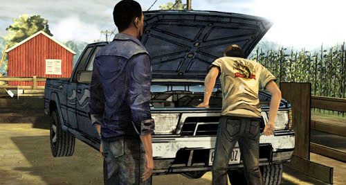 Przejdź następnie w prawo, do Kennyego pracującego przy samochodzie i rozpocznij rozmowę - 4 - Rock and a Hard Place - Przybycie | Epizod I - A New Day | The Walking Dead - The Walking Dead - poradnik do gry