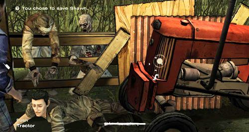 Możesz uderzyć zombie pięścią (Hit: Zombie), podnieść deskę (Pick up: Board) i uderzyć nią zombie (musisz wcelować) lub popchnąć traktor (Pull: Tractor) - 4 - Rock and a Hard Place - Poranek na farmie | Epizod I - A New Day - The Walking Dead - poradnik do gry