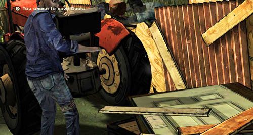 Możesz uderzyć zombie pięścią (Hit: Zombie), podnieść deskę leżącą za Lee (najlepszy wybór, gdyż w ten sposób od razu zakończysz tę scenę) i uderzyć nią zombie (musisz wcelować) lub pociągnąć Ducka (Pull: Duck) - 4 - Rock and a Hard Place - Poranek na farmie | Epizod I - A New Day - The Walking Dead - poradnik do gry