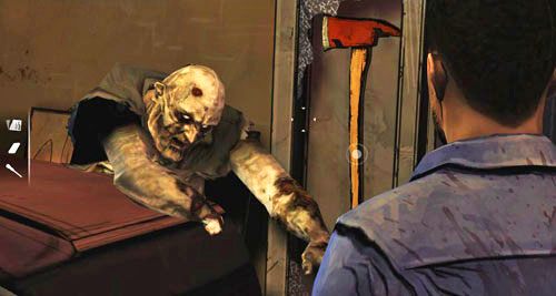 Przeniesiecie się w pobliże zombie, który został przygwożdżony do muru samochodem - 5 - Its Just One Bullet - Motel | Epizod I - A New Day | The Walking Dead - The Walking Dead - poradnik do gry
