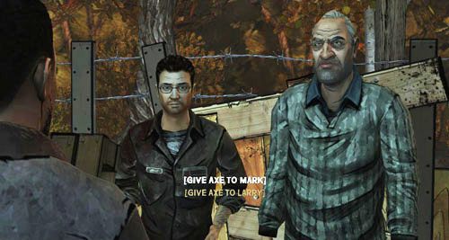 Niezależnie od tego, z którym zaczniesz rozmowę, po wyczerpaniu tematów lub próbie jej zakończenia (opcja Exit) obaj poproszą cię o topór - 2 - Conversation Killer - Problem z jedzeniem | Epizod II - Starved for Help - The Walking Dead - poradnik do gry