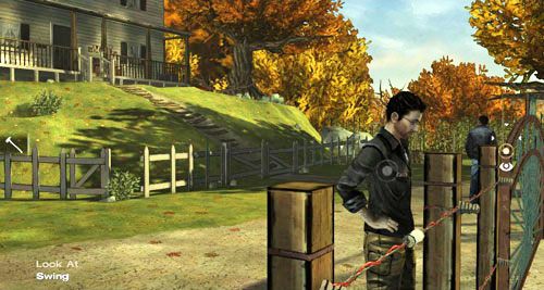 Na ekranie, na którym zaczniesz, możesz porozmawiać z Markiem (choć nie będzie to długa konwersacja), a także spojrzeć na ostry płot po lewej w głębi ekranu (Look At: Picket Fence), elektryczny płot przy ekranie (jest po lewej) (Look At: Outlet), dom (Look At: House) i huśtawkę - daleko po prawej, w - 3 - Thank you for shopping at Save Lots! - Przybycie i obchód | Epizod II - Starved for Help - The Walking Dead - poradnik do gry