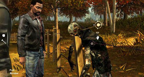 Kiedy dojdziecie do pierwszego trupa, możesz zerknąć na niego (Look At: Zombie - możesz odpowiedzieć coś Markowi na zadane pytanie), wbitą w niego strzałę (Look At: Arrow) i żarówkę po lewej (Look At: Light) - 3 - Thank you for shopping at Save Lots! - Przybycie i obchód | Epizod II - Starved for Help - The Walking Dead - poradnik do gry