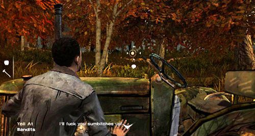 Jeśli wychylisz się w górę (nie jest to wymagane do wyjścia z opresji), będziesz mógł zawołać do bandytów (Yell At: Bandits), nic to jednak nie da - 3 - Thank you for shopping at Save Lots! - Przybycie i obchód | Epizod II - Starved for Help - The Walking Dead - poradnik do gry