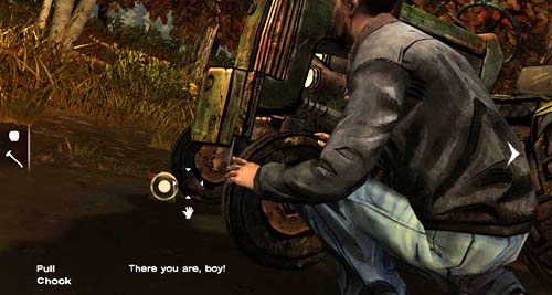 Teraz wychyl się w lewo i wyciągnij klocek spod koła traktora (Pull: Chock) - 3 - Thank you for shopping at Save Lots! - Przybycie i obchód | Epizod II - Starved for Help - The Walking Dead - poradnik do gry