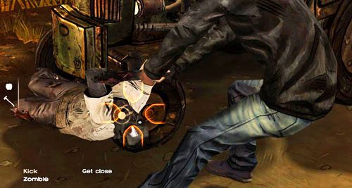 Kiedy traktor zatrzyma się na drugim zombie, zrób to samo - wychyl się w lewo i wyciągnij trupa (Pull: Zombie) - 3 - Thank you for shopping at Save Lots! - Przybycie i obchód | Epizod II - Starved for Help - The Walking Dead - poradnik do gry