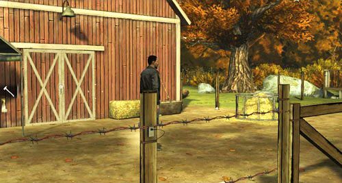 Możesz tu spojrzeć na siano po lewej (Look At: Hay Bales) i prawej (Look At: Hay Pile), a także spróbować wejść do stodoły (Use: Barn Door) - 3 - Thank you for shopping at Save Lots! - W poszukiwaniu bandytów | Epizod II - Starved for Help - The Walking Dead - poradnik do gry