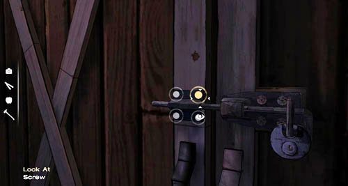 Zerknij na zamek, a przede wszystkim na jedną ze śrub po lewej (Look At: Screw) - 3 - Thank you for shopping at Save Lots! - Tajemnica w stodole | Epizod II - Starved for Help - The Walking Dead - poradnik do gry
