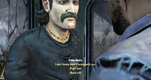 Aby najszybciej doprowadzić do walki, pokaż Kennyemu zakrwawioną szmatkę (Show Rag To: Kenny), a następnie wybierz dwie odpowiedzi - najpierw Nothing you seem to care about - 5 - Handle It - Z Duckiem coraz gorzej | Epizod III - Long Road Ahead - The Walking Dead - poradnik do gry