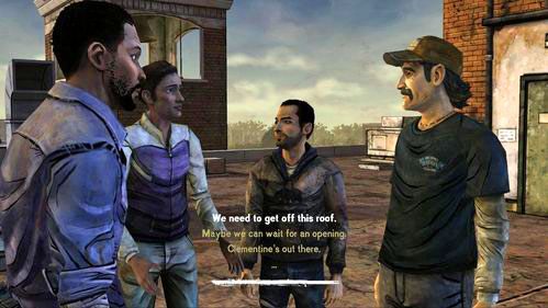 Po chwili rozmowy nadszedł czas na podjęcie dalszych kroków, przy czym pierwszy dialog nie ma znaczenia dla rozwoju fabuły (jeśli Lee zemdlał na drabinie, wcześniej pojawi się jeszcze jeden, również nieznaczący dialog) - 2 - Rooftop | Epizod V - No Time Left | Solucja The Walking Dead - The Walking Dead - poradnik do gry