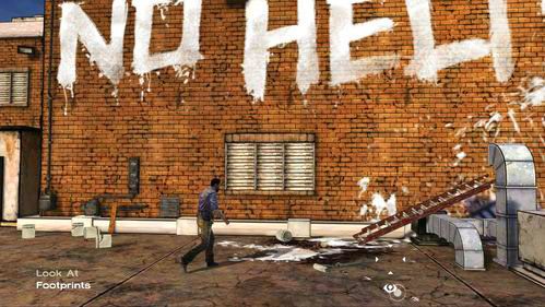 Rozejrzyj się po dachu - znajdziesz tam kilka interaktywnych miejsc: rozlaną farbę (Look At: Paint), napis na ścianie (Look At: Sign), drabinę (Look At: Ladder) - przyda się za chwilę, ślady stóp jakiegoś nieszczęśnika (Look At: Footprints) - 2 - Rooftop | Epizod V - No Time Left | Solucja The Walking Dead - The Walking Dead - poradnik do gry