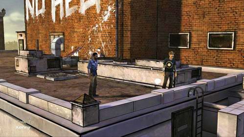 Możesz przejść maksymalnie w prawo, gdzie znajdziesz Kennyego oraz schody przeciwpożarowe (Look At: Fire Escape), których można by było użyć, gdyby nie zombie wałęsający się na dole - 2 - Rooftop | Epizod V - No Time Left | Solucja The Walking Dead - The Walking Dead - poradnik do gry