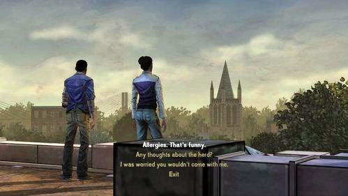 Wróć do centralnej części dachu i skieruj się w kierunku Christy - 2 - Rooftop | Epizod V - No Time Left | Solucja The Walking Dead - The Walking Dead - poradnik do gry