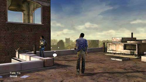 Skieruj się teraz maksymalnie na lewo, gdzie znajdziesz Omida - stoi przed dzwonnicą - 2 - Rooftop | Epizod V - No Time Left | Solucja The Walking Dead - The Walking Dead - poradnik do gry