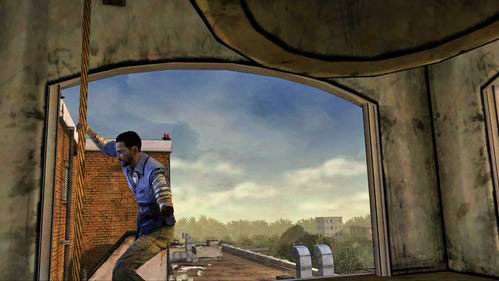 Przedtem jednak uruchom dzwon, ciągnąc za sznur (Pull: Rope) - zombie zainteresują się głośnym dźwiękiem - 2 - Rooftop | Epizod V - No Time Left | Solucja The Walking Dead - The Walking Dead - poradnik do gry