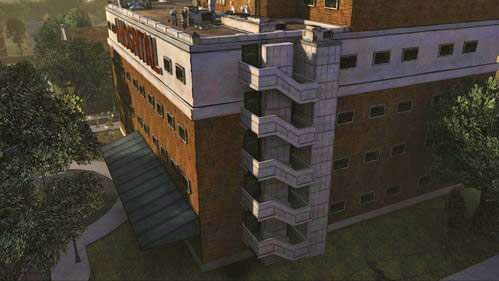 Obejrzyj animację, w której cała grupa zbiega w dół schodami przeciwpożarowymi, aby po chwili pojawić się przy dobrze znanej posiadłości - 2 - Rooftop | Epizod V - No Time Left | Solucja The Walking Dead - The Walking Dead - poradnik do gry