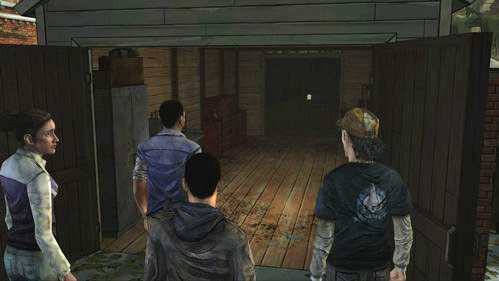 Obejrzyj krótką animację, po której zaskoczona grupa staje przed pustą szopą - tą, gdzie ukryta była łódź - 2 - Gone | Epizod V - No Time Left | Solucja The Walking Dead - The Walking Dead - poradnik do gry