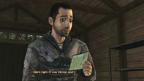 Jeśli zastałeś szopę pustą, Omid znajdzie w niej notatkę (po wybraniu opcji innych niż (1) w powyższym dialogu #1 Omid powie, że Lee nie ma racji - to był Vernon i jego grupa), w której Vernon przeprasza za pozostawienie was i Clementine w tej sytuacji (lub też oznajmia, że na to zasłużyłeś) - Lee u - 2 - Gone | Epizod V - No Time Left | Solucja The Walking Dead - The Walking Dead - poradnik do gry