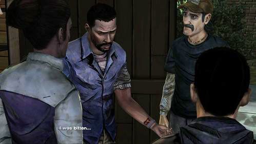 Uwaga: Jeśli nie wyjawiłeś wcześniej, iż zostałeś ugryziony, Christa (lub inna osoba, która o tym nie wie) teraz zauważy ugryzienie i zapyta o całą sytuację (w przypadku gdy nie masz ramienia sytuacja rozwinie się tak samo) - 2 - Gone | Epizod V - No Time Left | Solucja The Walking Dead - The Walking Dead - poradnik do gry
