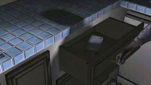 Lee skieruje się do kuchni - są tam trzy interaktywne szuflady, jednak odpowiednie narzędzie - tasak, znajduje się w prawej górnej (Open: Drawer) - 2 - Siege | Epizod V - No Time Left | Solucja The Walking Dead - The Walking Dead - poradnik do gry