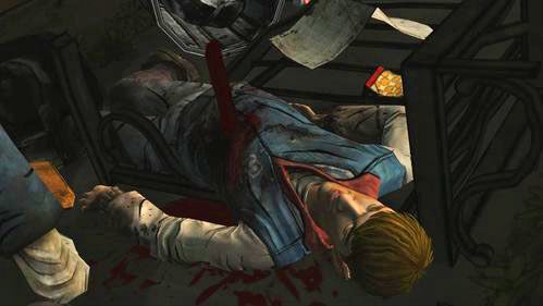 Po chwili Kenny rozgarnie śmieci, które przykryły Bena - niestety, okazuje się, że część balkonu przebiła chłopaka na wylot - 4 - The Neighbors | Epizod V - No Time Left | Solucja The Walking Dead - The Walking Dead - poradnik do gry