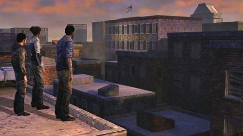 Trójka bohaterów znajdzie się na dachu budynku niedaleko The Marsh House, hotelu, w którym prawdopodobnie przetrzymywana jest Clementine - 5 - Going Alone | Epizod V - No Time Left | Solucja The Walking Dead - The Walking Dead - poradnik do gry