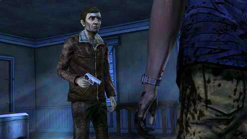 Wybór opcji w pierwszym dialogu nie ma znaczenia - Nieznajomy napomknie, że wyglądasz strasznie (zwróci też uwagę, jeśli odciąłeś ramię) - 6 - The Stranger | Epizod V - No Time Left | Solucja The Walking Dead - The Walking Dead - poradnik do gry