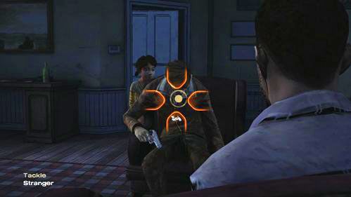 Czas na ciebie - szybko zaatakuj Nieznajomego (Tackle: Stranger, jeśli nie oddałeś swojej broni Lee teraz z niej skorzysta Hit: Stranger) - 6 - The Stranger | Epizod V - No Time Left | Solucja The Walking Dead - The Walking Dead - poradnik do gry