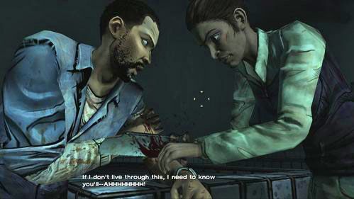 Wybierz dowolną opcję z dialogu poprzedzającego odcięcie ramienia, jak również kolejnych dwóch w trakcie brutalnej operacji, po której Lee po raz kolejny zemdleje (jeśli w grupie jest Christa i Kenny, mimo początkowej odwagi Kenny spanikuje i krwawa robota przypadnie w udziale Chriście) - 1 - The Morgue | Epizod V - No Time Left | Solucja The Walking Dead - The Walking Dead - poradnik do gry