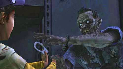 Teraz możesz polecić jej skuć kajdankami szwendacza (Handcuff: Walker) bądź też przykuć Lee do kaloryfera, tak jak sugerowała to kamera - 7 - Stay Close To Me; Goodbye | Epizod V - No Time Left | The Walking Dead - The Walking Dead - poradnik do gry