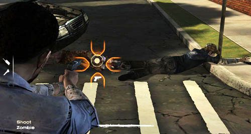 Wyceluj i strzel w zombie (Shoot: Zombie), który uczepił się nogi Kennyego - 1 - Georgias First City - Na zewnątrz | Epizod IV - Around Every Corner - The Walking Dead - poradnik do gry