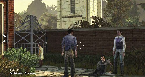 Po krótkiej animacji znajdziecie się bez Chucka na tyłach wielkiego domu - 1 - Georgias First City - Na zewnątrz | Epizod IV - Around Every Corner - The Walking Dead - poradnik do gry