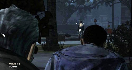 Obejrzyj animację, a potem wskaż strażnika i po prostu do niego podejdź (Move To: Guard) - 5 - Georgias Last City - Przybycie i akumulator | Epizod IV - Around Every Corner - The Walking Dead - poradnik do gry