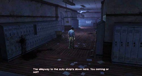 Po wyjściu z sali możesz spojrzeć na fotografię (Look At: Photo) i napis dotyczący zasad panujących w Crawford (Look At: Sign) - 5 - Georgias Last City - Przybycie i akumulator | Epizod IV - Around Every Corner - The Walking Dead - poradnik do gry