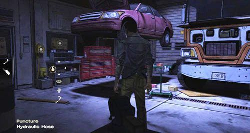 Możesz tu zerknąć na podniesiony samochód (Look At: Car), znak ostrzegawczy (Look At: Car), spróbować otworzyć zablokowane drzwi (Use: Office Door), popatrzeć na panel do obsługi podnośnika (Look At: Lift Panel) i go użyć (Use: Lift Panel) - 5 - Georgias Last City - Przybycie i akumulator | Epizod IV - Around Every Corner - The Walking Dead - poradnik do gry