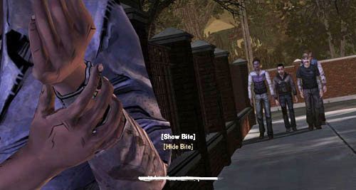 Po chwili dołączą do ciebie Kenny, Omid, Christa i Ben (o ile przeżył), a ty będziesz musiał zdecydować, czy pokażesz im ugryzienie, czy nie - 7 - The Morning After | Epizod IV - Around Every Corner | The Walking Dead - The Walking Dead - poradnik do gry