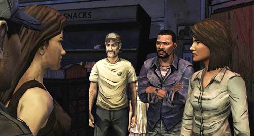 Kiedy animacja się zakończy i będziesz mógł wziąć udział w rozmowie, nie ma znaczenia, jakiej odpowiedzi udzielisz w dwóch pierwszych przypadkach (całej grupie, a potem Clementine na jej problem) - 5 - Its Just One Bullet - W aptece | Epizod I - A New Day | The Walking Dead - The Walking Dead - poradnik do gry