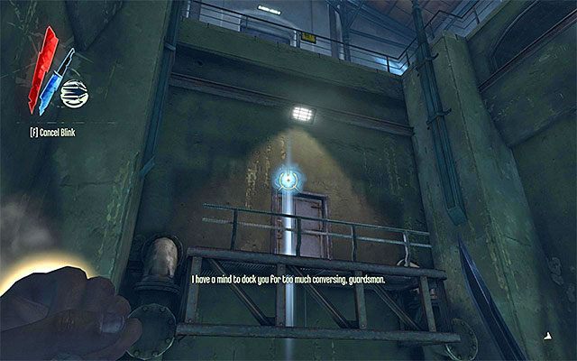 Ostatni trzeci wariant wiąże się z dotarciem na pokazany na powyższym screenie niewielki balkonik - Przedostanie się na górny poziom śluzy | Misja 6 - Return to the Tower - Dishonored - poradnik do gry