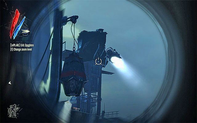 Wejście do wieży Dunwall jest pilnie strzeżone, przy czym zdecydowanie najwięcej uwagi musisz poświęcać pokazanej na powyższym screenie wieży strażniczej, albowiem oprócz skanowania obszaru na wprost od wieży Dunwall obraca się ona też w dość dużym zakresie na boki - Zbadanie obszaru wokół wieży Dunwall | Misja 6 - Return to the Tower - Dishonored - poradnik do gry