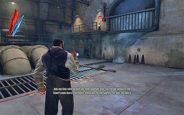 Nie atakuj przebywającego tu inżyniera, tylko z nim porozmawiaj, dowiadując się od niego o możliwości podniesienia pobliskiej bramy zapobiegającej przelewom i tym samym odblokowaniu dostępu do fosy otaczającej główne wejście do wieży Dunwall - Zbadanie obszaru wokół wieży Dunwall | Misja 6 - Return to the Tower - Dishonored - poradnik do gry