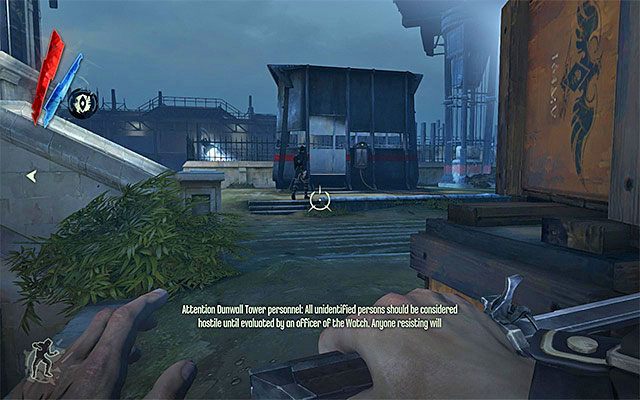 Zauważ, że niewielki placyk przed głównym wejściem do wieży jest patrolowany przez kilku wartowników - Przedostanie się do wnętrza wieży Dunwall | Misja 6 - Return to the Tower - Dishonored - poradnik do gry