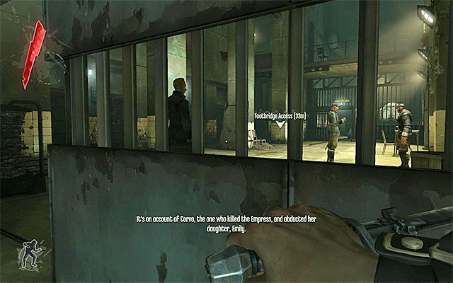 Załącz tryb skradania się (klawisz C) i wyrusz w lewo - Odnalezienie ładunku wybuchowego | Misja 1 - Dishonored - Dishonored - poradnik do gry