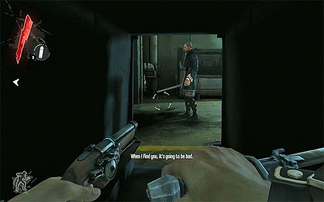 Tuż po zamontowaniu ładunku proponuję obrócić się w lewo i skryć się w pokazanej na powyższym screenie skrzyni - Ucieczka z więzienia Coolridge - dotarcie do kanałów | Misja 1 - Dishonored - Dishonored - poradnik do gry