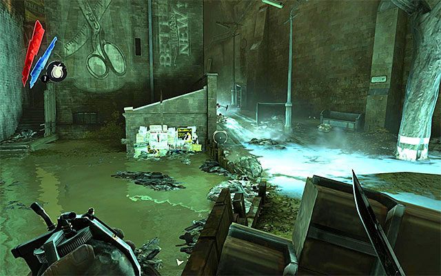 Po dotarciu do końcowej części zbiornika wodnego skręć w lewo, wybierając pokazaną na powyższym screenie ścieżkę - Przedostanie się do rafinerii Greaves | Misja 7 - The Flooded District - Dishonored - poradnik do gry