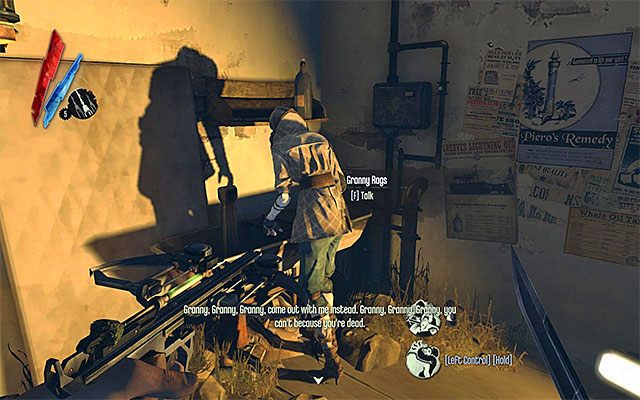 Przystąp do eksploracji apartamentu staruszki, odnajdując żywność, złoto, bełty usypiające, duchowe remedium Piero oraz ukrytą w piwnicy runę - Zbadanie okolicy pierwszej ściany światła | Misja 2 - High Overseer Campbell - Dishonored - poradnik do gry