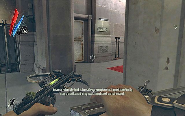 W obu bocznych pomieszczeniach również do obejrzenia są tabliczki, przy czym musisz się liczyć z tym, że każdy z tych obszarów może być pilnowany przez wartownika - Zbadanie budynku Nadzorcy Campbella | Misja 2 - High Overseer Campbell - Dishonored - poradnik do gry