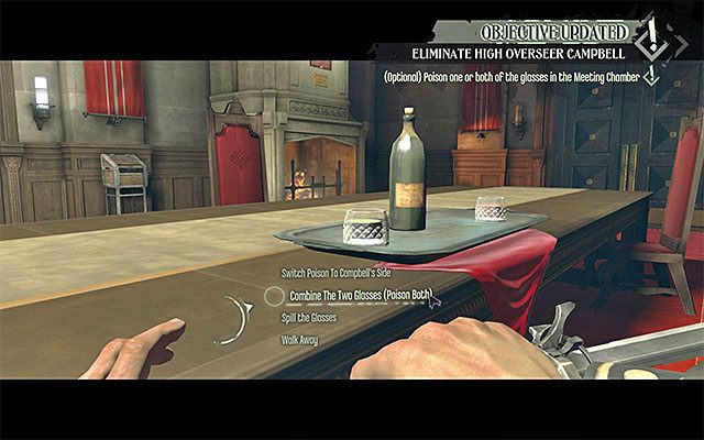 Wariant 3) Trzeci z opisywanych wariantów jest dość radykalny, albowiem zakłada otrucie obu uczestników spotkania, czyli Campbella i Curlowa - Wybranie sposobu eliminacji Nadzorcy Campbella | Misja 2 - High Overseer Campbell - Dishonored - poradnik do gry