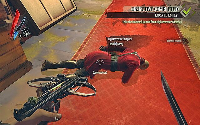 Podsumowanie: Niezależnie od tego jak się zachowałeś musisz ograbić ciało zabitego lub ogłuszonego Campbella z zamiarem pozyskania jego dziennika (blackmail journal) - Wybranie sposobu eliminacji Nadzorcy Campbella | Misja 2 - High Overseer Campbell - Dishonored - poradnik do gry