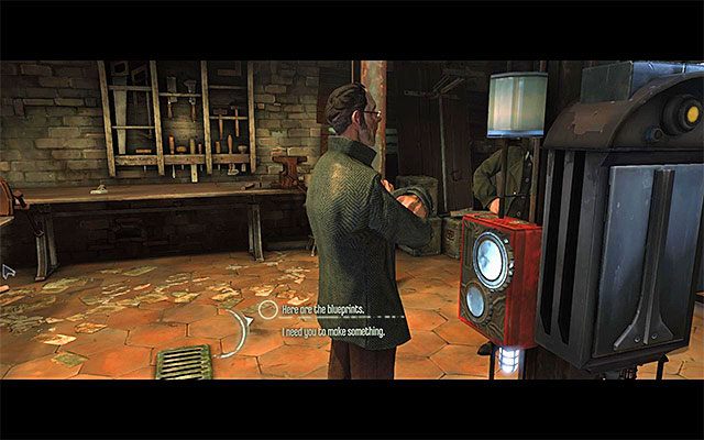 Z racji tego, że dysponujesz już stosownym planem (blueprint) pozyskanym z pokoju 202 budynku pubu możesz od razu zagadać ponownie do Piero i przekazać mu ten przedmiot - Uaktywnienie pylonu na dachu warsztatu | Misja 8 - The Loyalists | Dishonored - Dishonored - poradnik do gry