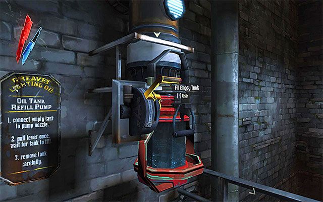 Podnieś pusty zbiornik i przenieś go do prawego urządzenia (powyższy screen) - Uaktywnienie pylonu na dachu warsztatu | Misja 8 - The Loyalists | Dishonored - Dishonored - poradnik do gry